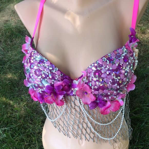 Pink Mermaid Festival Jeweled Costume Bra 32 34 C D - Picture 1 of 5